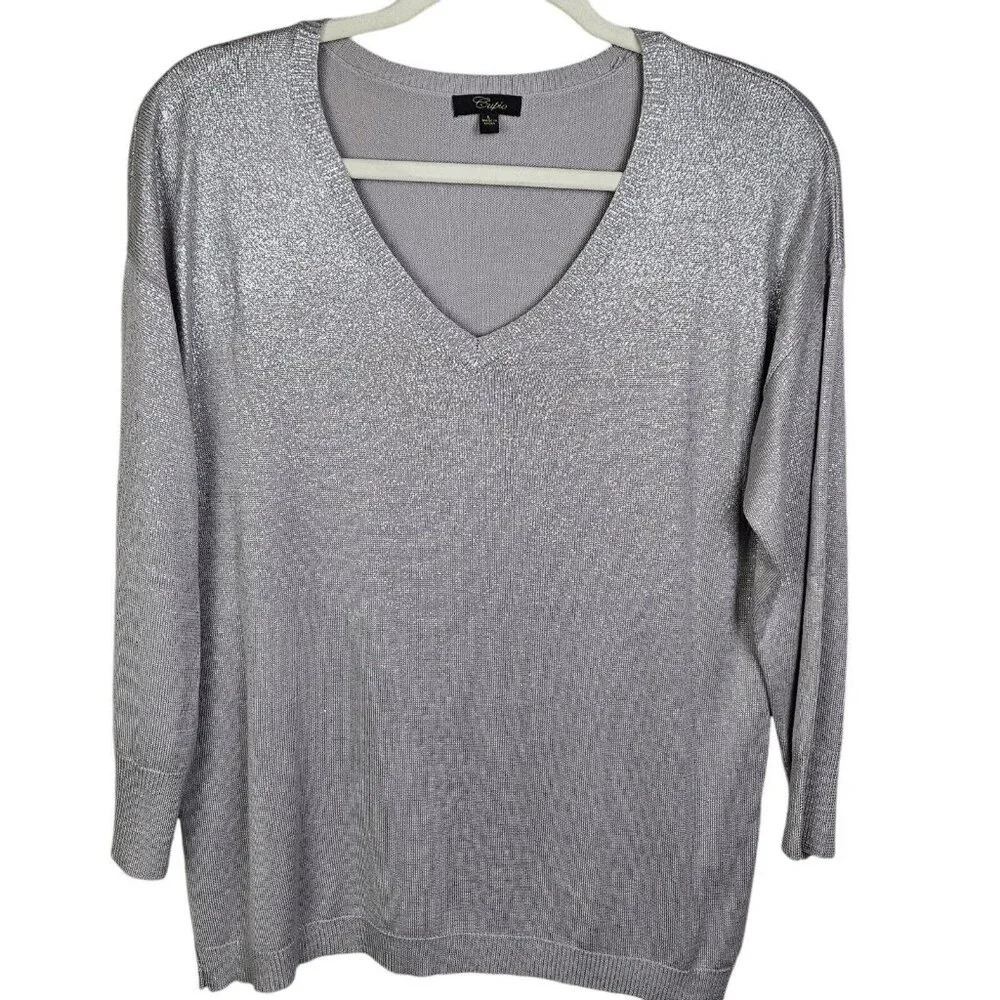 Cupio Gray Metallic 3/4 Sleeve Pullover V Neck Sweater Size Large